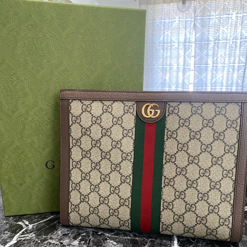 Gucci Beige Monogram Web Stripe Clutch with Brown Trim